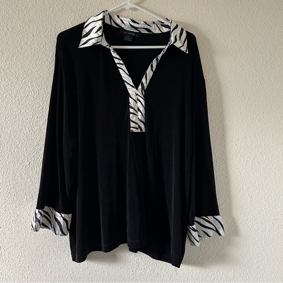 Kiara Women’s Blouse 2X Black Zebra Print Collar Pop Over 3/4 Sleeve Party - Picture 1 of 8